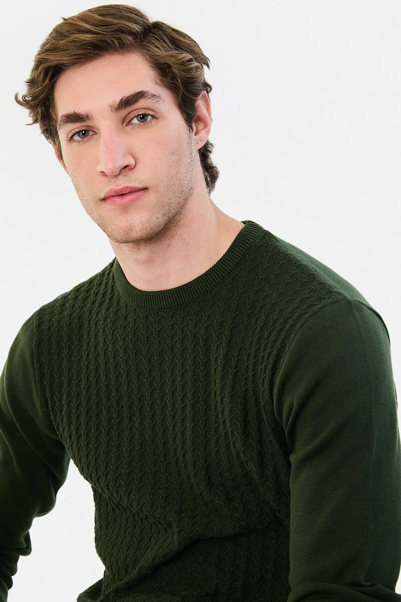 سنيتش Dark Green Textured Long Sleeve Regular Fit Sweater