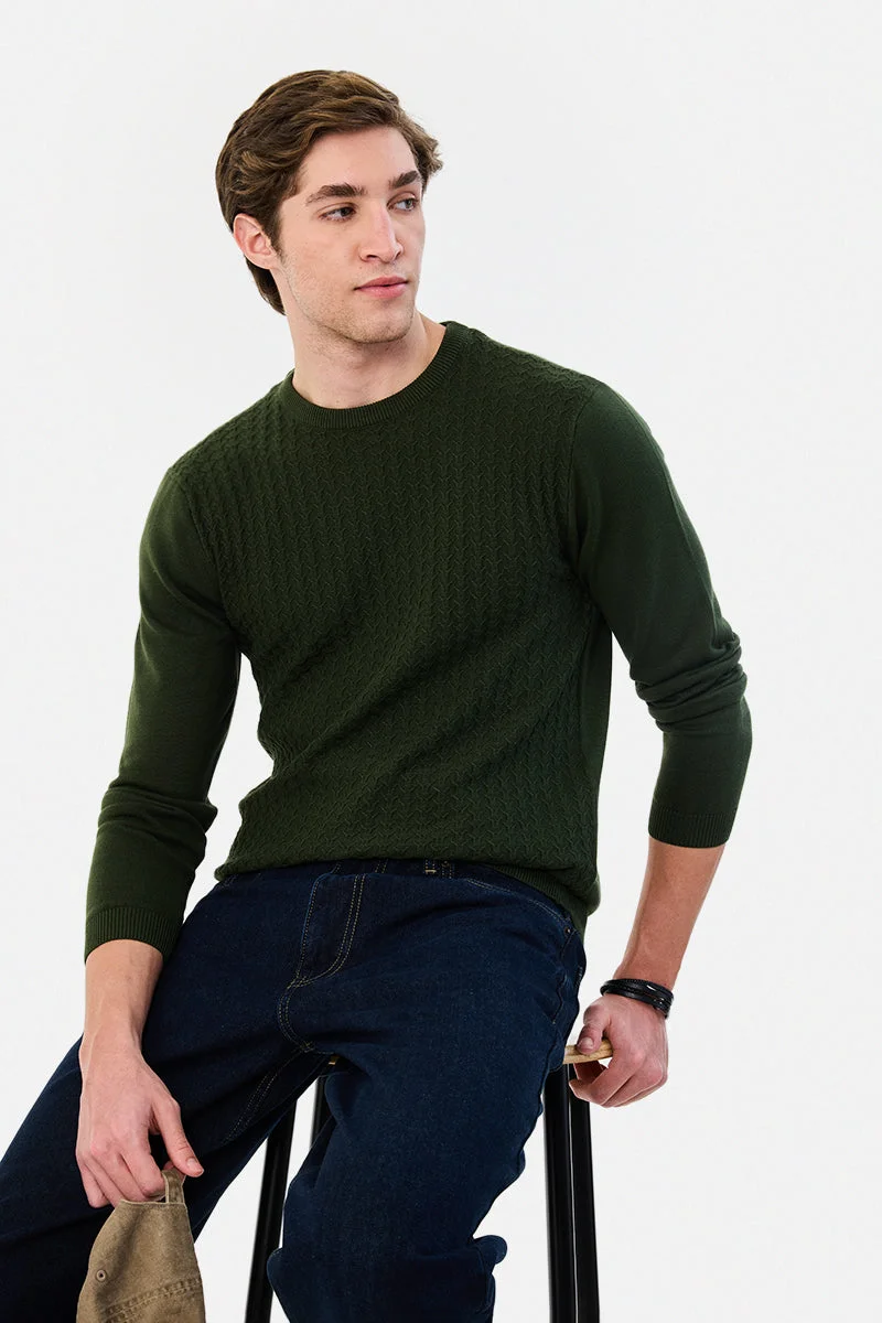 سنيتش Dark Green Textured Long Sleeve Regular Fit Sweater