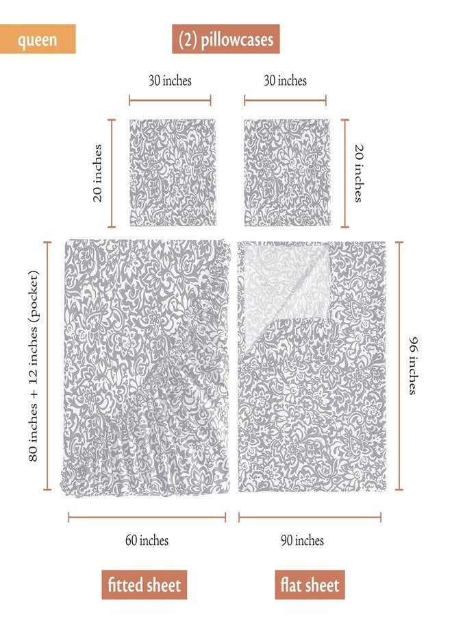 Indigo Ink طقم ملاءات سرير بحجم كوين من إنديجو إنك، مكون من 4 قطع بنمط دمشقي زهري بوهيمي، ناعم ومقاوم للتجاعيد (مجموعة ميدالية معقودة، رمادي) - Image 4