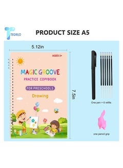 TEGRILO Handwriting Copybook Magic Calligraphy Practice Book For Kids, Reusable Tracing Practice kit. Included Easy Grip Pen & Refill 4 books Math Numbers English Alphabet Drawing A5  - Image 2