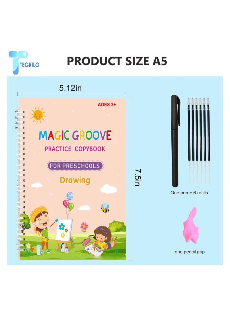 TEGRILO - Handwriting Copybook Magic Calligraphy Practice Book For Kids, Reusable Tracing Practice kit. Included Easy Grip Pen & Refill 4 books Math Numbers English Alphabet Drawing A5 - Image 1