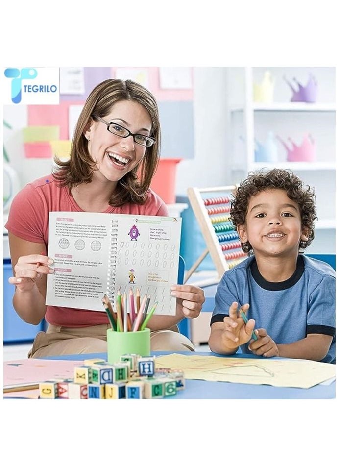 TEGRILO - Handwriting Copybook Magic Calligraphy Practice Book For Kids, Reusable Tracing Practice kit. Included Easy Grip Pen & Refill 4 books Math Numbers English Alphabet Drawing A5 - Image 1