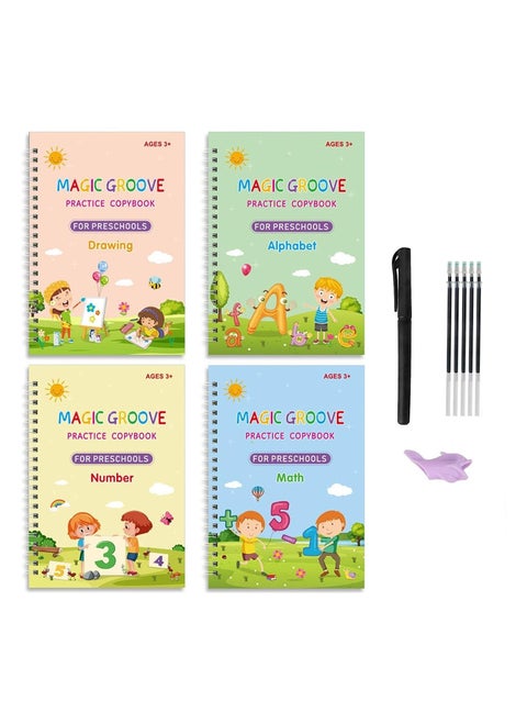 Handwriting Copybook Magic Calligraphy Practice Book For Kids, Reusable Tracing Practice kit. Included Easy Grip Pen & Refill 4 books Math Numbers English Alphabet Drawing A5