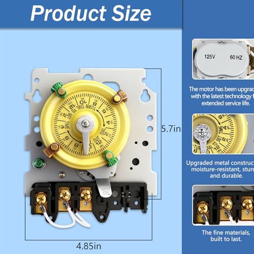 Bxmgr T101M Pool Timer Mechanism Only, Pool Pump Timer, 120V 2HP SPST 40A Time Switch, 24 Hour 12 ON/Off for Pool Pump, Heavy-Duty Mechanical Time Switches,Time Switch Mechanism Only, 5 Years Warranty - Image 3