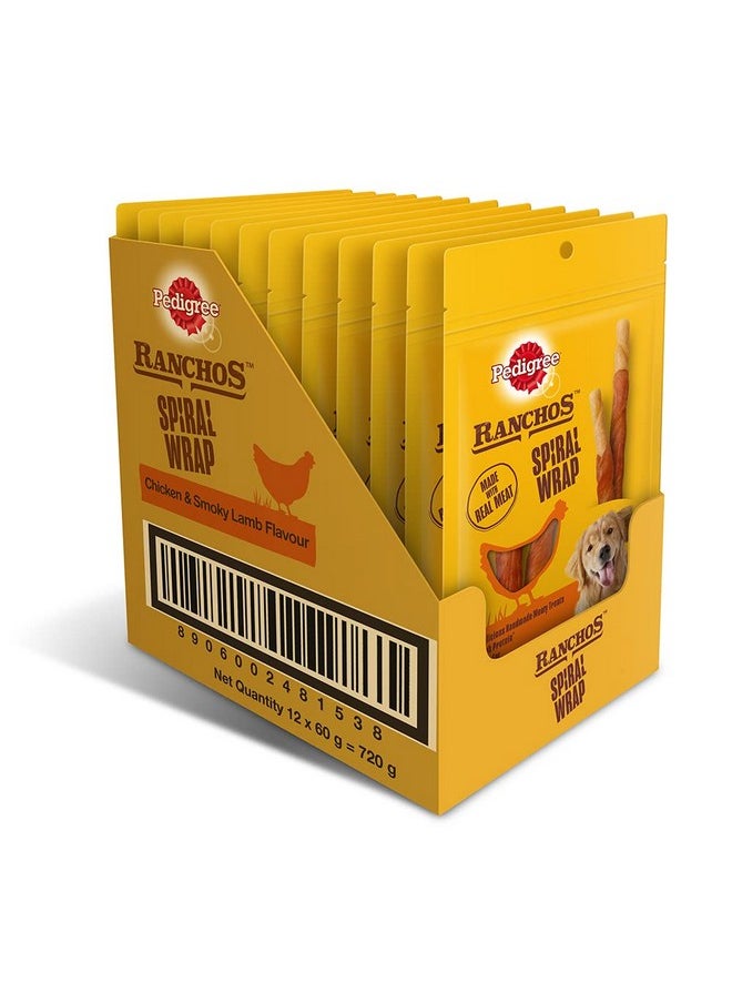 Pedigree Pedigree Ranchos Spiral Wrap (1+ Years) Dog Treats, Chicken & Smokey Lamb Flavour, 60 g (Pack of 12), High in Protein & Low in Fat With No Added Sugar  - Image 1
