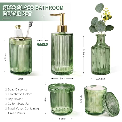 Kasunting Green Bathroom Accessories 5 Pcs, Glass Bathroom Accessory Set, Vintage Green Bathroom Set, Sage Green Soap Dispenser and Toothbrush Holder Set, Qtip Holder, Small Flower Vase, Modern Bathroom Decor - Image 2