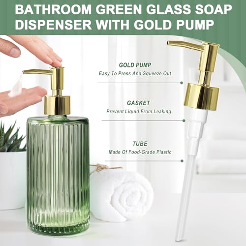 Kasunting Green Bathroom Accessories 5 Pcs, Glass Bathroom Accessory Set, Vintage Green Bathroom Set, Sage Green Soap Dispenser and Toothbrush Holder Set, Qtip Holder, Small Flower Vase, Modern Bathroom Decor - Image 4