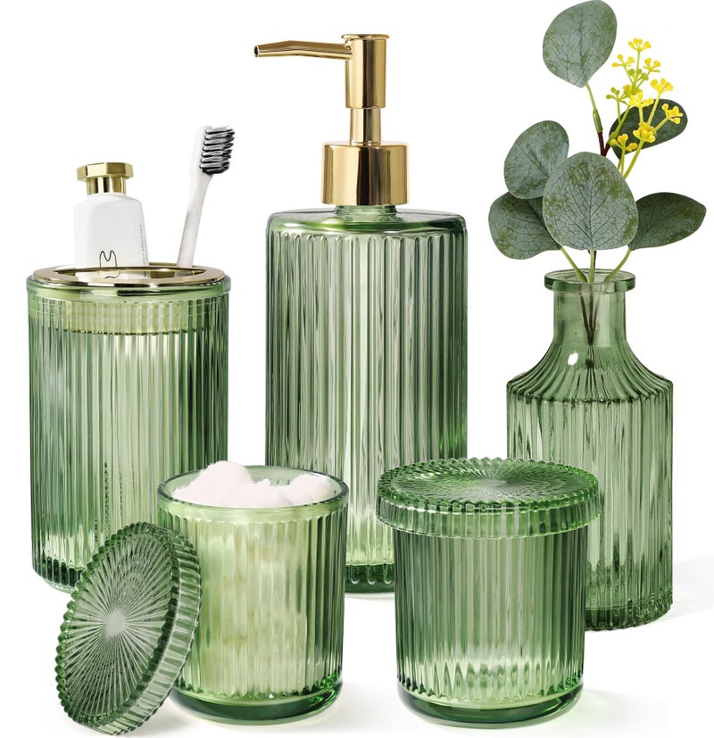 Kasunting Green Bathroom Accessories 5 Pcs, Glass Bathroom Accessory Set, Vintage Green Bathroom Set, Sage Green Soap Dispenser and Toothbrush Holder Set, Qtip Holder, Small Flower Vase, Modern Bathroom Decor - Image 1