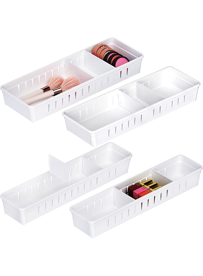 Green Tiger Desk Drawer Organizer Tray 4 PCS Plastic Office Drawer Organizer Bins Junk Organizer Divider with Non-Slip Silicone Pads, Makeup Vanity Organizer for Drawer, White - Image 1