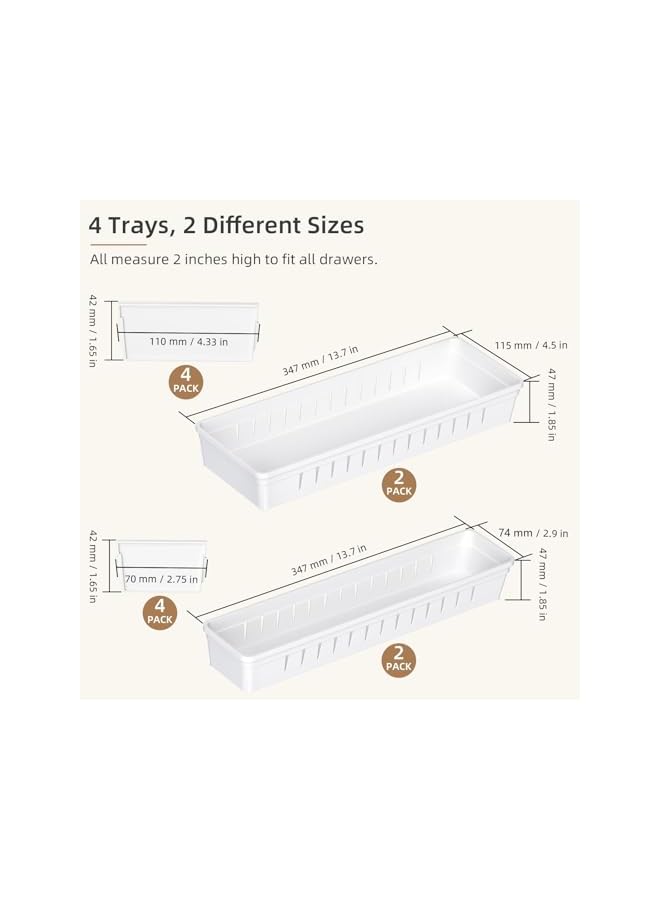 Green Tiger Desk Drawer Organizer Tray 4 PCS Plastic Office Drawer Organizer Bins Junk Organizer Divider with Non-Slip Silicone Pads, Makeup Vanity Organizer for Drawer, White - Image 2