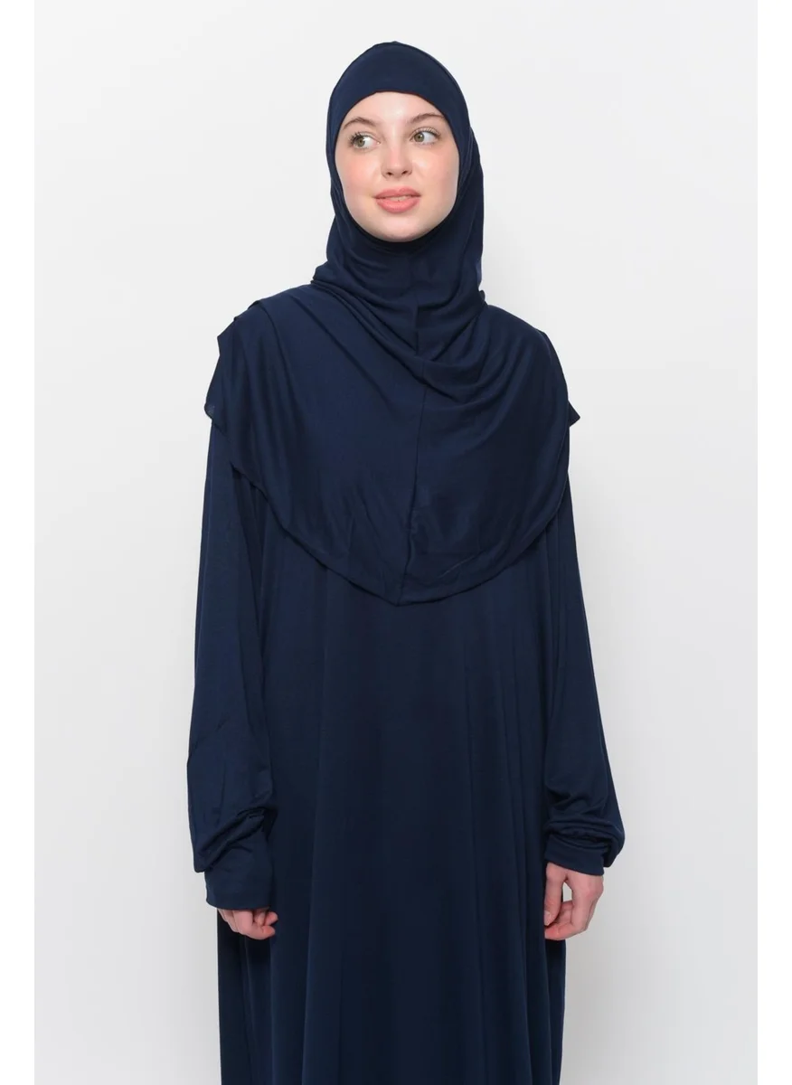 Altobeh Practical One Piece Cotton Bat Sleeves Removable Organic Hijab Prayer Dress with Headscarf - Dark Navy Blue