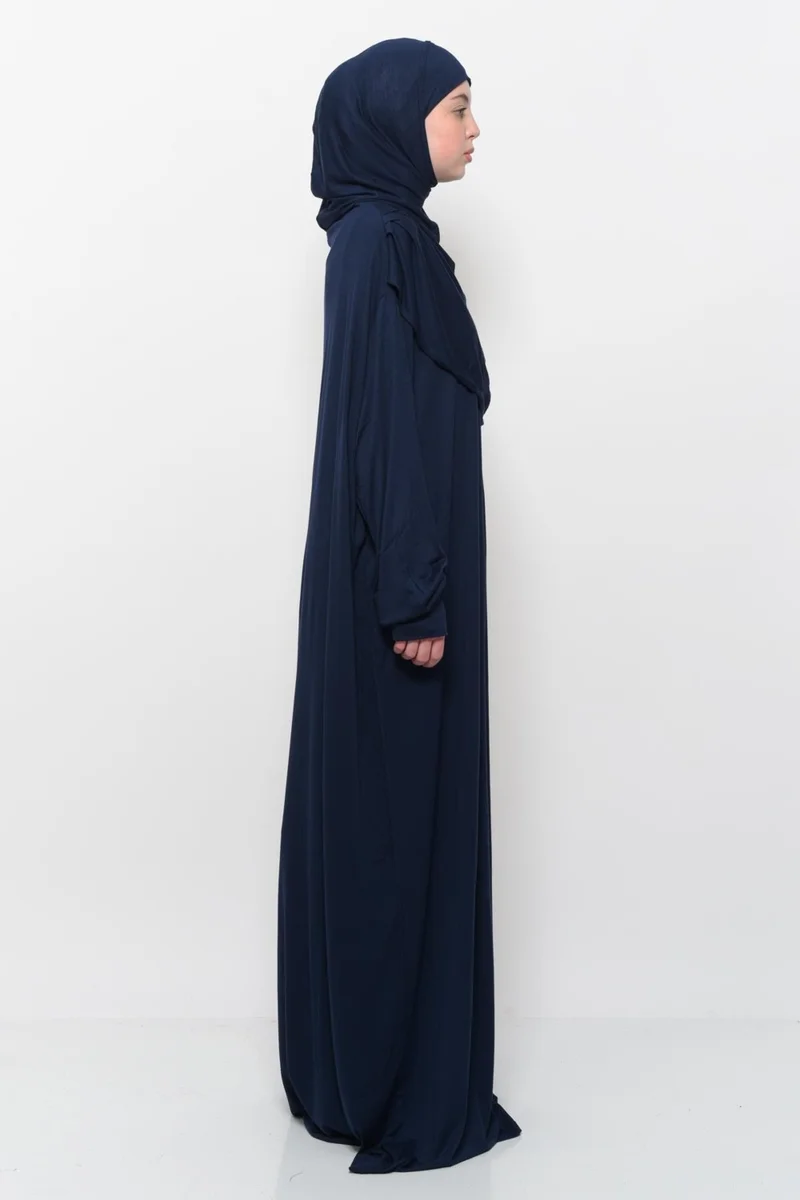 Altobeh Practical One Piece Cotton Bat Sleeves Removable Organic Hijab Prayer Dress with Headscarf - Dark Navy Blue