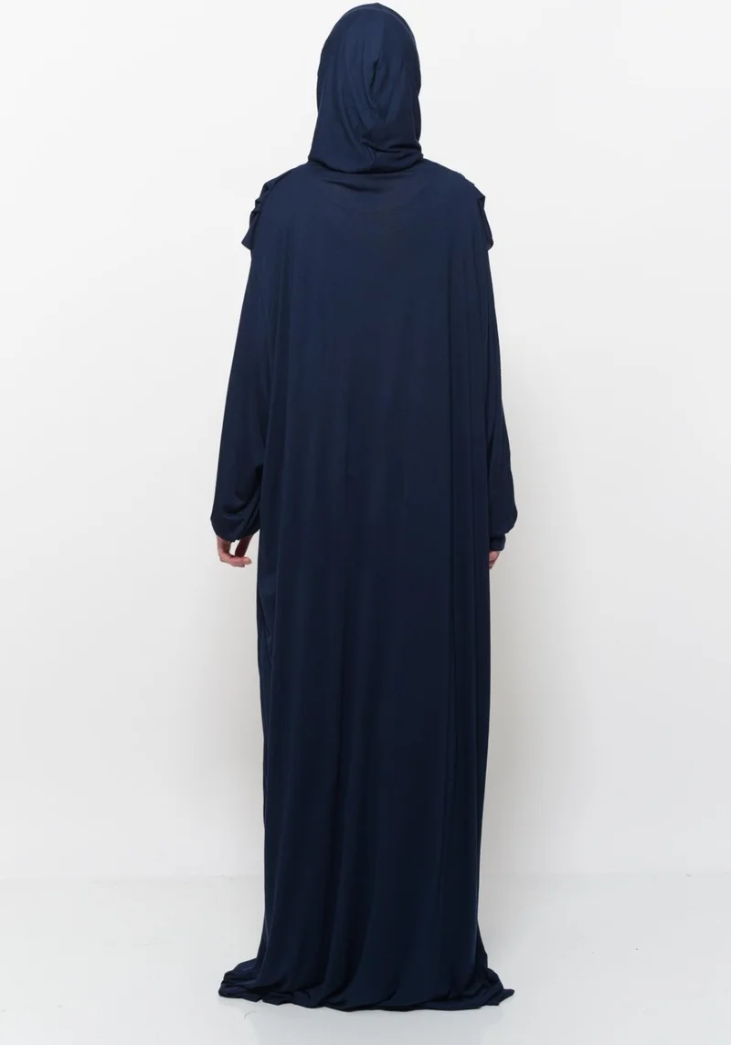 Altobeh Practical One Piece Cotton Bat Sleeves Removable Organic Hijab Prayer Dress with Headscarf - Dark Navy Blue
