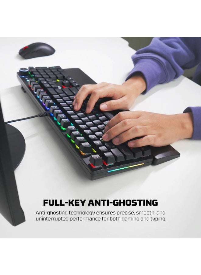 Fantech MK853 MaxPower RGB Mechanical Gaming Keyboard Yellow Clicky Switch Full Size 104 Keys with Volume Knob Dual Shot Keycaps Wrist Rest Black - Image 4