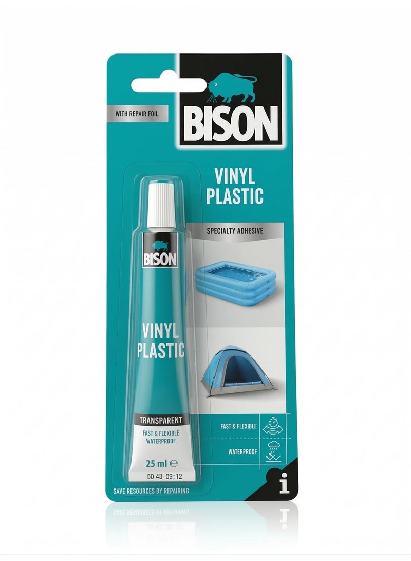 Bison Vinyl Plastic Adhesive 25 ml, glue for all soft plastic toys, inflatables, soft plastic boats, floats, swimming pools, tubes, beach balls, tent canvas, pond liner (with repair patch foil included), Transparent - Image 2