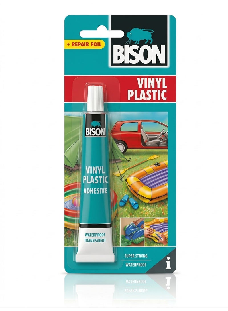 Bison Vinyl Plastic Adhesive 25 ml, glue for all soft plastic toys, inflatables, soft plastic boats, floats, swimming pools, tubes, beach balls, tent canvas, pond liner (with repair patch foil included), Transparent - Image 1