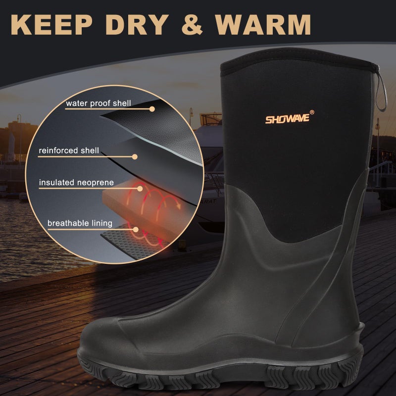 Showave Classic Men's Rubber Boots Waterproof Rain Boots Insulated Neoprene Boot Mud Boot for Farming Hunting Gardening Yard Chore Working, Size 13,Black - Image 4