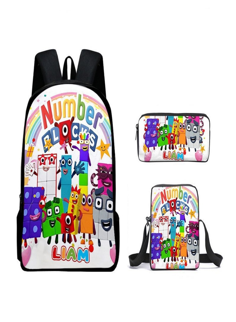 حقيبة ظهر للأطفال NumberBlocks حقيبة مدرسية للطلاب مع صندوق غداء وحافظة أقلام 3 في 1 للأطفال