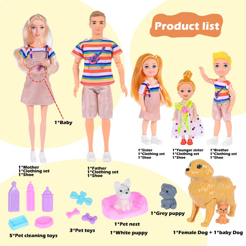iBayda Family Dollhouse Dolls Playset - 6 People with Dollhouse Pets Included Pregnant Mom Dad 3 Kids and Accessories for 3-12 Years Old Toddlers Gift - Image 2