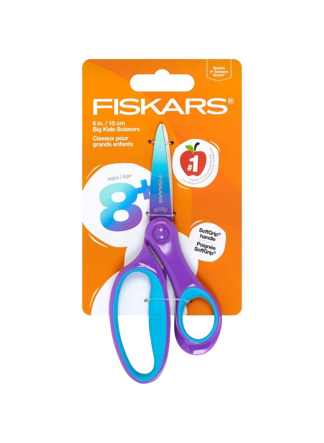 Fiskars Softgrip 6" Big Kids Scissors for Ages 8-11, Scissors for School or Crafting, Turquoise-Purple Ombre - Image 1