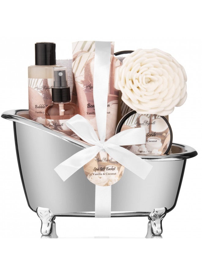 Aqua Elegante Spa Gift Baskets For Women   Luxury Bath Set With Coconut & Vanilla   Spa Kit Includes Body Wash, Bubble Bath, Lotion, Bath Salts, Body Scrub, Body Spray, Shower Puff, and Towel - Image 1
