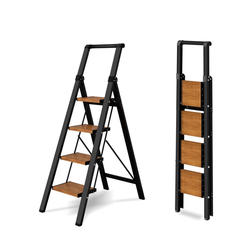 BEFITMACE 4 Step LadderLightweight Folding Step Stool with Aluminum Wide Pedal Convenient Handgrip330lbs Capacity Steel Ladder for Household and OfficeBlack Woodgrain
