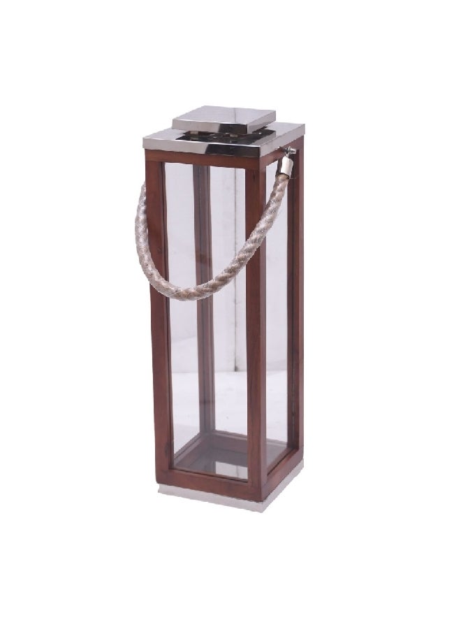 serene Wood and Glass Lantern with Rope Handle Brown and Clear 56 x 20.25 x 20.25 cm 14050 M