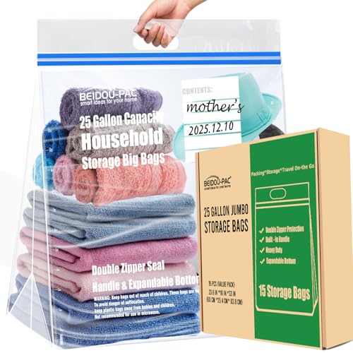 BEIDOU-PAC 25 Gallon Jumbo Storage Bags with Handle, 15 Count | Double Zipper Seal | Expandable Bottom, Resealable Clear zip Bags for Home, Travel, Moving, Commercial and Outdoor - Image 1