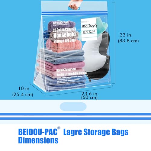 BEIDOU-PAC 25 Gallon Jumbo Storage Bags with Handle, 15 Count | Double Zipper Seal | Expandable Bottom, Resealable Clear zip Bags for Home, Travel, Moving, Commercial and Outdoor - Image 2