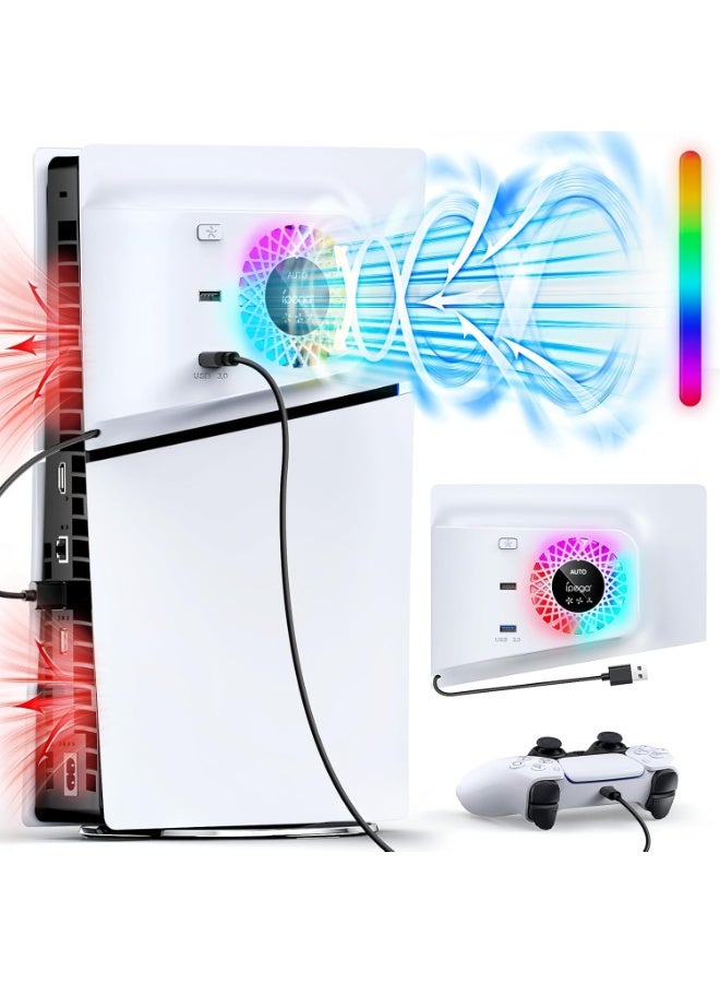 Cooling Fan for PS5 Slim, RGB Quiet Silent Cooling System for PS5 Slim Digital/Discs Edition, Plate Cover with USB 3.0, Accessories for PlayStation 5 Slim Digital/Disc Version Cooler with LED Light - Image 1