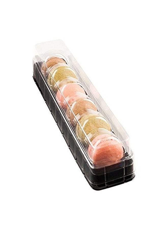Shock Safe 11 x 2.4 x 2 Inch Macaron Take Out Boxes, 100 Durable Display Boxes - Fits 6 Macarons, Disposable, Black PET Plastic Macaron Boxes, Shockproof Clear Lid And Cover