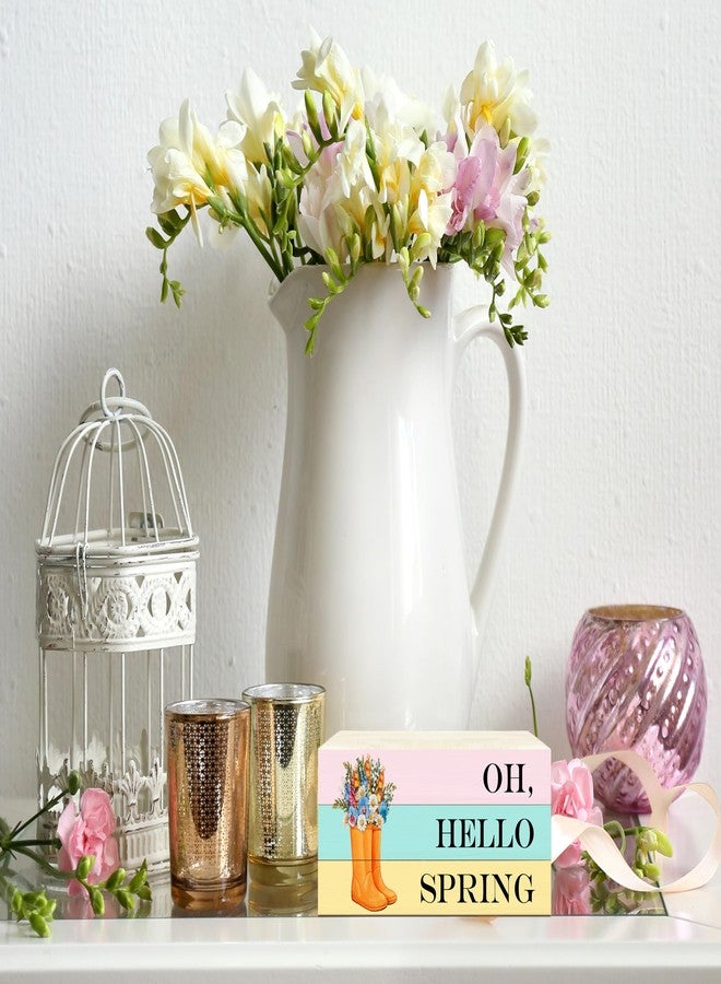 OZTEMETY 3 Pcs Spring Table Decor, Hello Spring Wooden Block Decorative, Spring Floral Book Tiered Tray Decor, Rustic Spring Rain Boots Decoration, Table Decorative for Spring Home Farmhouse Table Shelf, 02 - Image 3