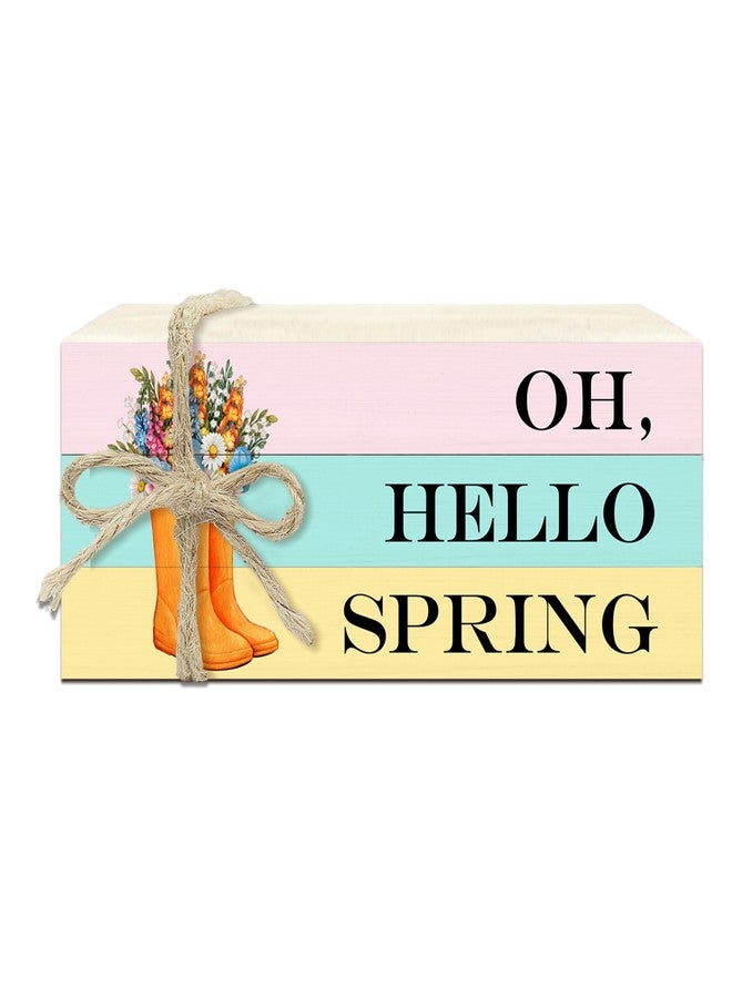 OZTEMETY 3 Pcs Spring Table Decor, Hello Spring Wooden Block Decorative, Spring Floral Book Tiered Tray Decor, Rustic Spring Rain Boots Decoration, Table Decorative for Spring Home Farmhouse Table Shelf, 02 - Image 1