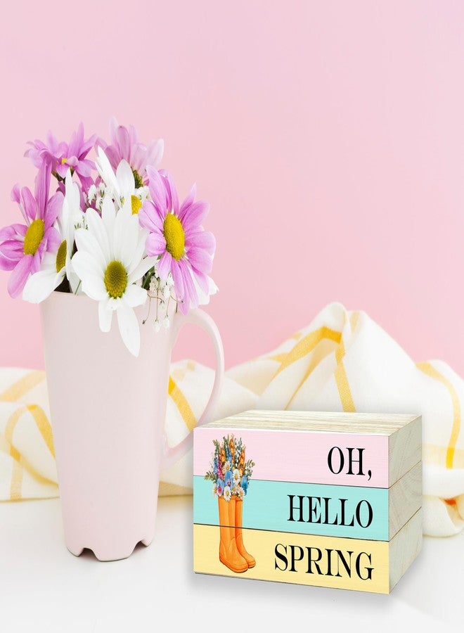 OZTEMETY 3 Pcs Spring Table Decor, Hello Spring Wooden Block Decorative, Spring Floral Book Tiered Tray Decor, Rustic Spring Rain Boots Decoration, Table Decorative for Spring Home Farmhouse Table Shelf, 02 - Image 5