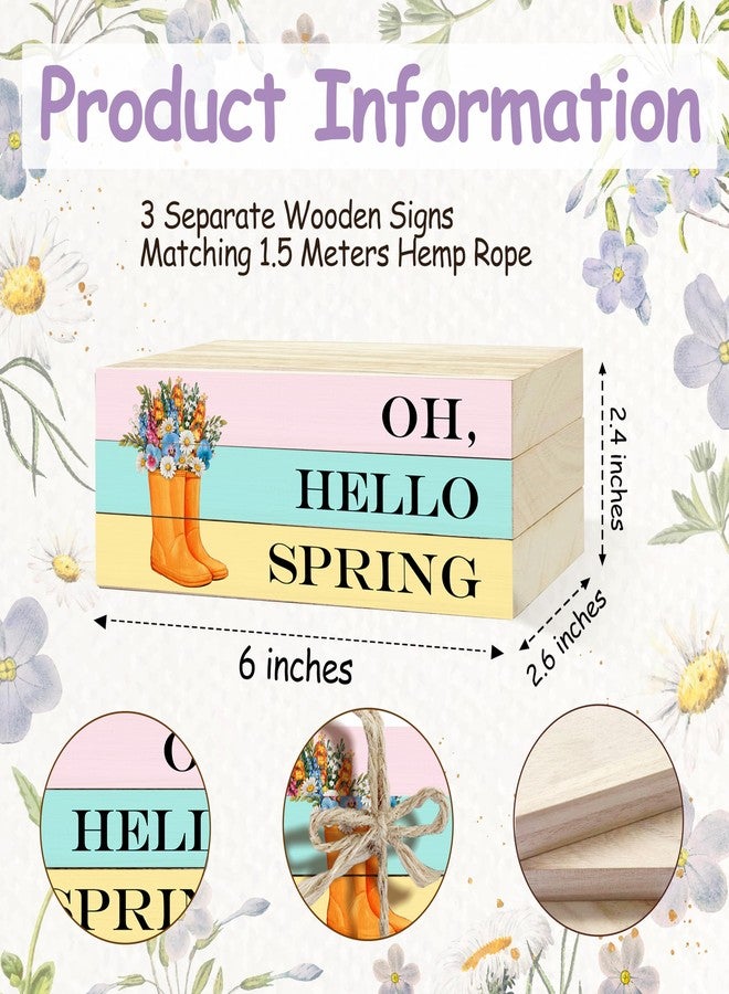 OZTEMETY 3 Pcs Spring Table Decor, Hello Spring Wooden Block Decorative, Spring Floral Book Tiered Tray Decor, Rustic Spring Rain Boots Decoration, Table Decorative for Spring Home Farmhouse Table Shelf, 02 - Image 2