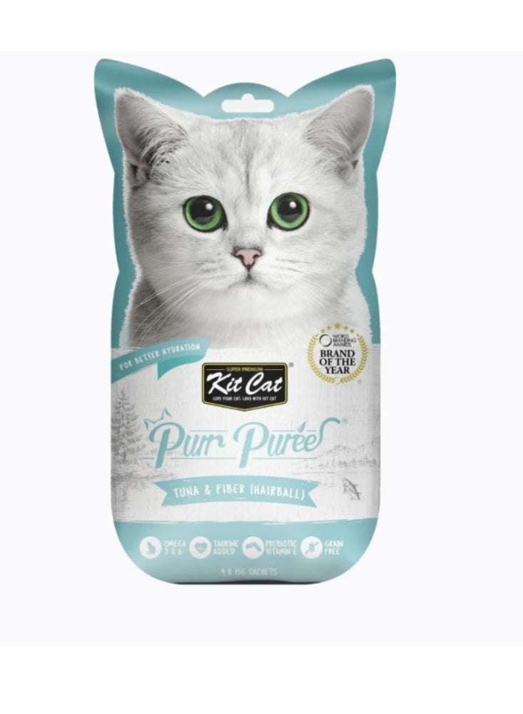 Kit Cat The product shown is Kit Cat Purr Purée Tuna & Fiber (Hairball) cat treats. 5 x 15g (75g) - Image 1