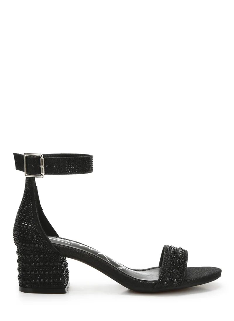 London Rag Rhinestones Embellished Block Sandals in Black