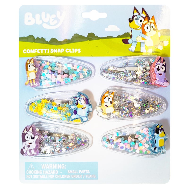 LUV HER Bluey Hair Accessories For Girls, 6pc Cute Hair Clips with Favorite Bluey Character Charms, Magical Confetti Hair Clips, Ages 3+ - Image 1