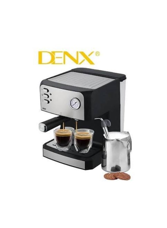 Denx Espresso and Cappuccino Machine 850W, 1.6L water tank, dual stainless steel filter, compatible with coffee capsules and ground coffee, steam frother, overheat protection. - Image 1