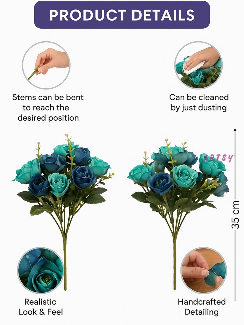 ARTSY® Artificial Flowers Bunch for Decoration Rose Flowers, Ideal for vase, Home, Office Decor, Gifts, Craft, Artificial Plants for Decoration, Without vase, Blue, Combo, 2 Piece, 35 cm Height - Image 5