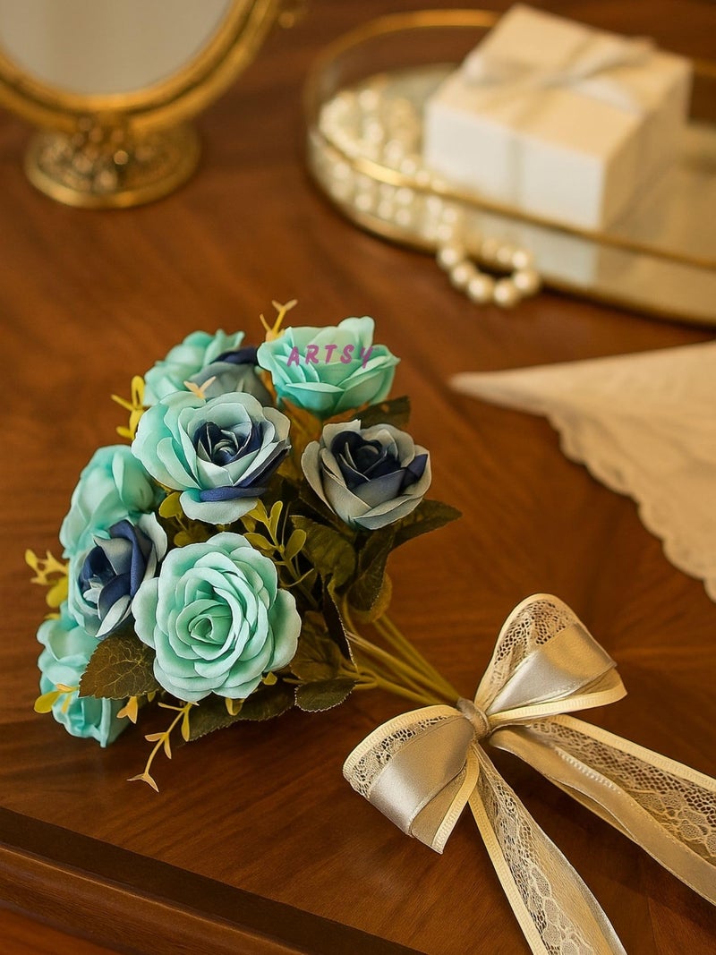 ARTSY® Artificial Flowers Bunch for Decoration Rose Flowers, Ideal for vase, Home, Office Decor, Gifts, Craft, Artificial Plants for Decoration, Without vase, Blue, Combo, 2 Piece, 35 cm Height - Image 4