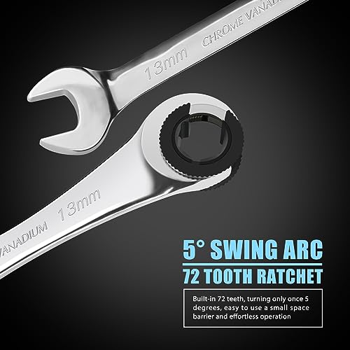 LOSCHEN 12pcs/set 8-19mm Metric Ratcheting Wrench Combination Wrench Set with 72 Teeth, Chrome Vanadium Steel Tubing Ratchet Spanner（US and European Patents） - Image 4