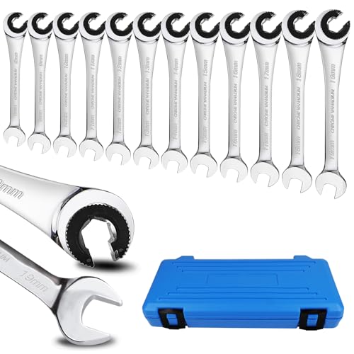 LOSCHEN 12pcs/set 8-19mm Metric Ratcheting Wrench Combination Wrench Set with 72 Teeth, Chrome Vanadium Steel Tubing Ratchet Spanner（US and European Patents） - Image 1