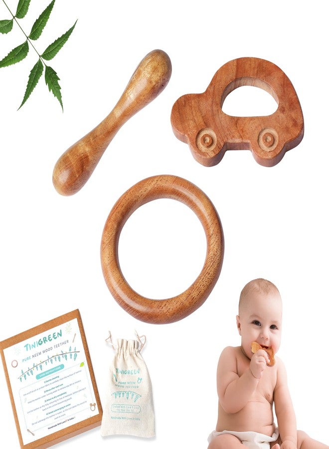 TINIGREEN Car Ring Dumbbell Shaped Organic Neem Wood Teether for 6 to 12 Months Infant Baby (Car Ring Dumbbell Shape)