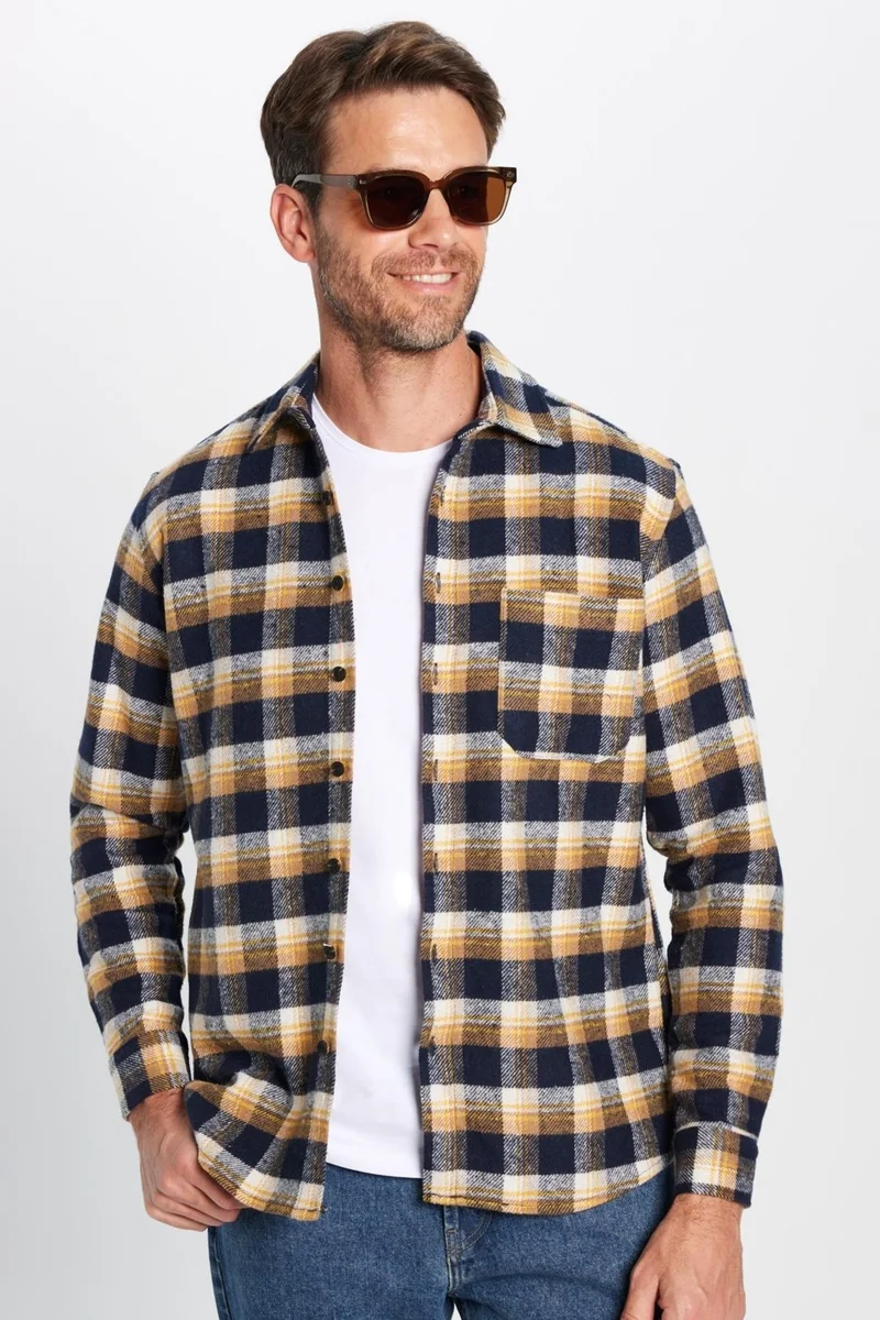 تودورس Men's Classic Fit Regular Cut Lumberjack Single Pocket Checkered Winter Shirt