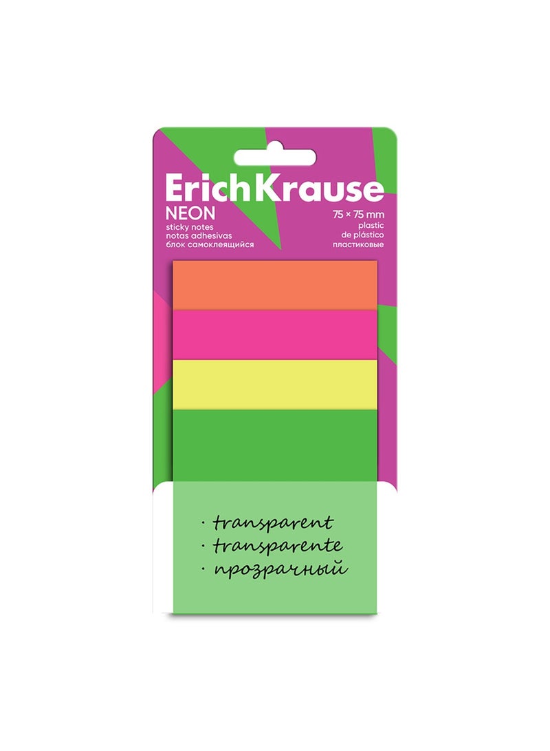 ErichKrause 40-Sheet Plastic Sticky Notes Transparent 75x75mm Size Assorted Colours