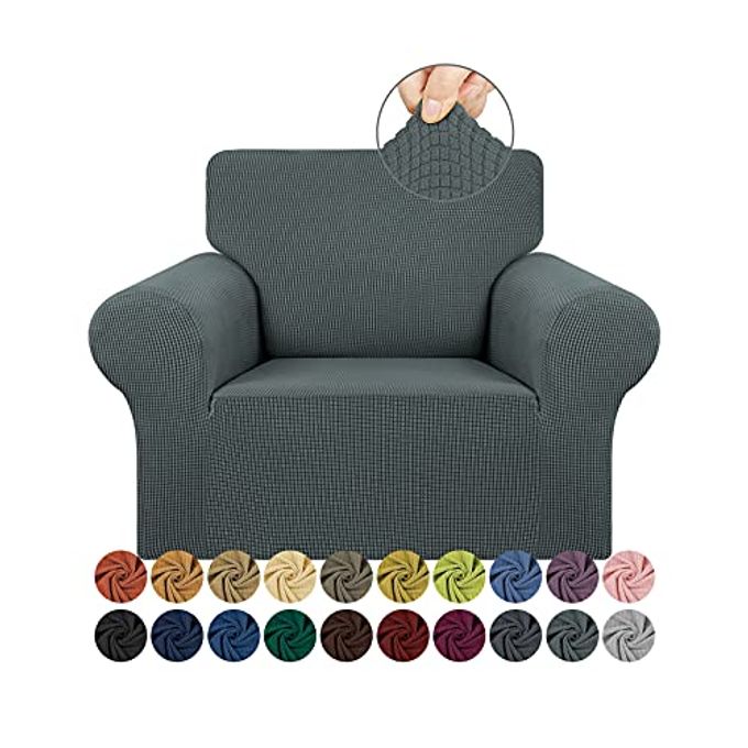 KEKUOU Stretch Single Sofa Slipcover 1 Piece Couch Sofa Cover (31"-55") Furniture Protector 1 Seater Sofa with Elastic Bottom for Kids,Pet.Jacquard Small Checked Pattern Fabric(Small,Grey) - Image 1