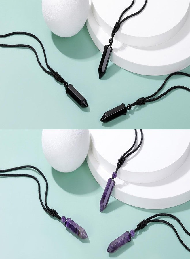 Top Plaza Amethyst Black Obsidian Healing Crystal Stone Necklaces for Women Men Hexagonal Pendant Necklaces Adjustable Braided Rope Natural Gemstone Necklace Jewelry Christmas Gift - Image 2