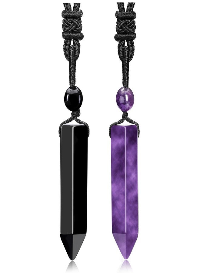 Top Plaza Amethyst Black Obsidian Healing Crystal Stone Necklaces for Women Men Hexagonal Pendant Necklaces Adjustable Braided Rope Natural Gemstone Necklace Jewelry Christmas Gift - Image 1