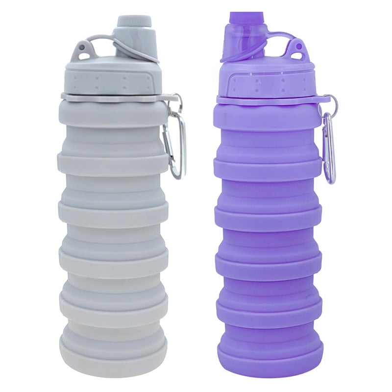 YCTMALL Collapsible Water Bottles Two Pack Travel Sports Portable Sport Water Bottle comes with mountaineering Buckle 501ml silicone Water-proof camping water bottle (Light grey and Purple Color) - Image 1